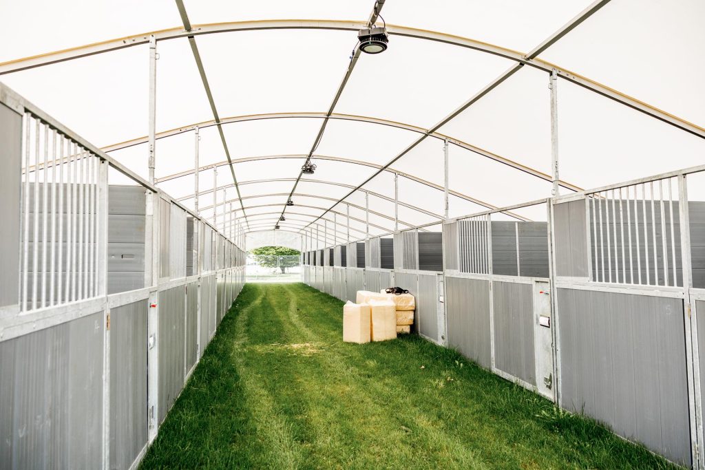 Clean, well-ventilated temporary stable supporting equine infection prevention and horse welfare.
